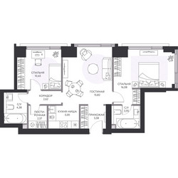 Планировка трехкомнатной(квартира) площадью 65.1 квадратных метров в ЖК “ЖК Hide (Хайд)”