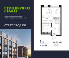 Планировка однокомнатной(квартира) площадью 28.75 квадратных метров в “ЖК Пушкино Град”
