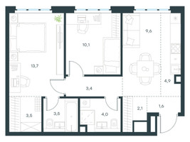 Планировка трехкомнатной(квартира) площадью 56.4 квадратных метров в “ЖК Левел Южнопортовая”
