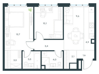 Планировка трехкомнатной(квартира) площадью 56.4 квадратных метров в ЖК “ЖК Левел Южнопортовая”