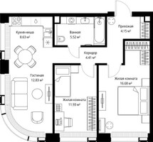 Планировка двухкомнатной(квартира) площадью 64.15 квадратных метров в “ЖК Веер”