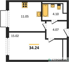 Планировка однокомнатной(квартира) площадью 34.24 квадратных метров в “ЖК Пригород Лесное”