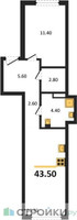 Планировка однокомнатной(апартаменты) площадью 43.5 квадратных метров в “ЖК Равновесие”