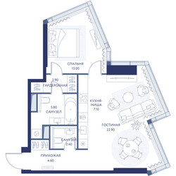 Планировка однокомнатной(квартира) площадью 58.7 квадратных метров в ЖК “ЖК ХАЙДАУТ”