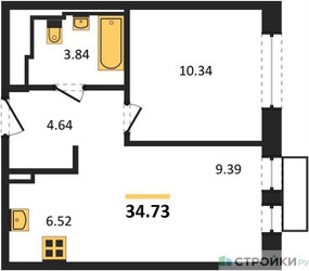 Планировка однокомнатной(квартира) площадью 34.73 квадратных метров в ЖК “ЖК Рублевский Квартал”