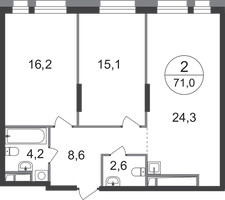 Планировка двухкомнатной(квартира) площадью 71 квадратных метров в “ЖК Первый Московский”