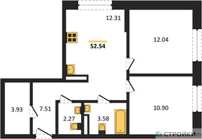 Планировка двухкомнатной(квартира) площадью 52.54 квадратных метров в “ЖК ЭкоБунино (Южное Бунино)”