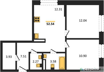 Планировка двухкомнатной(квартира) площадью 52.54 квадратных метров в ЖК “ЖК ЭкоБунино (Южное Бунино)”