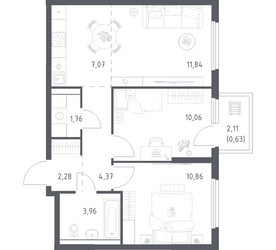 Планировка двухкомнатной(квартира) площадью 52.83 квадратных метров в ЖК “ЖК Пригород Лесное”