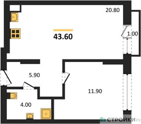 Планировка однокомнатной(квартира) площадью 43.6 квадратных метров в ЖК “ЖК Первый квартал”