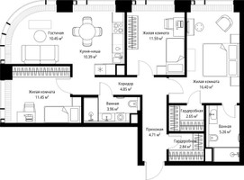 Планировка трехкомнатной(квартира) площадью 84.55 квадратных метров в “ЖК Веер”