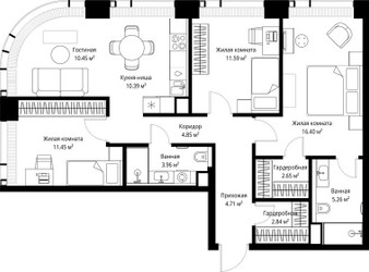 Планировка трехкомнатной(квартира) площадью 84.55 квадратных метров в ЖК “ЖК Веер”