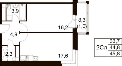 Планировка однокомнатной(квартира) площадью 44.6 квадратных метров в ЖК “ЖК Идеал”
