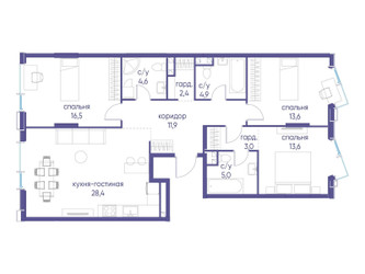 Планировка трехкомнатной(квартира) площадью 103.8 квадратных метров в ЖК “ЖК Событие”