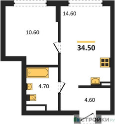 Планировка однокомнатной(квартира) площадью 34.5 квадратных метров в ЖК “ЖК Бестселлер”