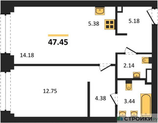 Планировка однокомнатной(квартира) площадью 47.45 квадратных метров в ЖК “ЖК NOVA (Нова)”
