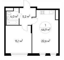 Планировка однокомнатной(квартира) площадью 46.9 квадратных метров в ЖК “ЖК Переделкино Ближнее”