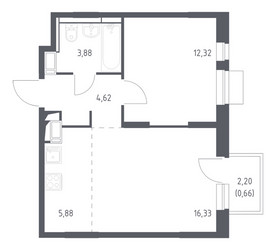 Планировка однокомнатной(квартира) площадью 43.69 квадратных метров в ЖК “ЖК Пятницкие луга”