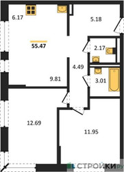Планировка двухкомнатной(квартира) площадью 55.47 квадратных метров в ЖК “ЖК Квартал Марьино”