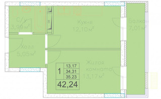 Планировка однокомнатной(квартира) площадью 42.24 квадратных метров в “ЖК на Микояна, 54-57”