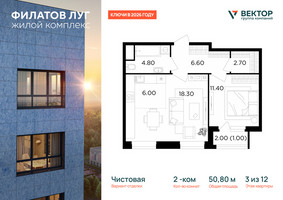 Планировка двухкомнатной(квартира) площадью 50.8 квадратных метров в “Квартал Филатов луг”