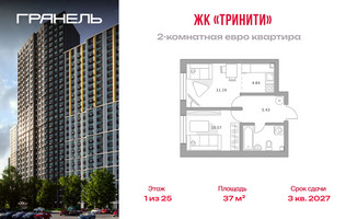 Планировка двухкомнатной(квартира) площадью 37 квадратных метров в “ЖК Тринити”