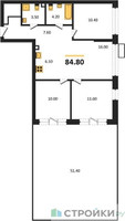 Планировка трехкомнатной(квартира) площадью 84.8 квадратных метров в “ЖК Деснаречье”