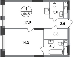 Планировка однокомнатной(квартира) площадью 44.5 квадратных метров в “ЖК Первый Московский”