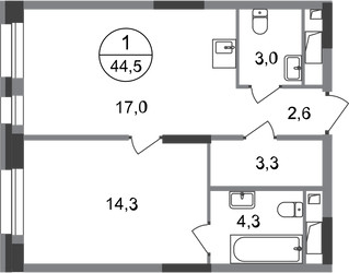 Планировка однокомнатной(квартира) площадью 44.5 квадратных метров в ЖК “ЖК Первый Московский”