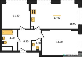 Планировка двухкомнатной(квартира) площадью 57.4 квадратных метров в “ЖК Wave (Вейв)”