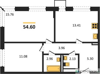 Планировка двухкомнатной(квартира) площадью 54.6 квадратных метров в ЖК “ЖК Квартал Западный”