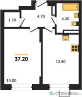 Планировка однокомнатной(квартира) площадью 37.2 квадратных метров в “ЖК ОБЛАКА-2”