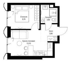 Планировка однокомнатной(квартира) площадью 34.7 квадратных метров в ЖК “ЖК Veer (Веер)”