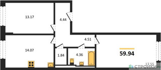 Планировка двухкомнатной(квартира) площадью 59.94 квадратных метров в “ЖК Подольские кварталы”