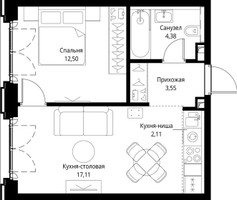 Планировка однокомнатной(квартира) площадью 39.65 квадратных метров в “ЖК Сити Бэй”