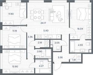 Планировка 4+ комнатной(квартира) площадью 109.76 квадратных метров в ЖК “ЖК TATE (Тэйт)”