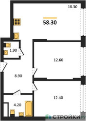 Планировка двухкомнатной(квартира) площадью 58.3 квадратных метров в ЖК “ЖК Переделкино Ближнее”