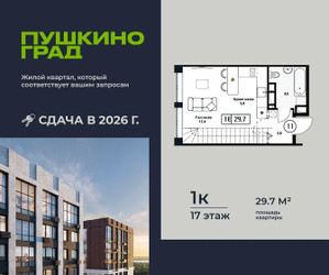 Планировка однокомнатной(квартира) площадью 29.7 квадратных метров в ЖК “ЖК Пушкино Град”