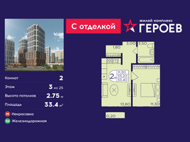 Планировка двухкомнатной(квартира) площадью 33.4 квадратных метров в “ЖК Героев”