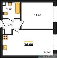 Планировка однокомнатной(квартира) площадью 36 квадратных метров в “ЖК ЗИЛАРТ”
