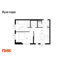 Планировка двухкомнатной(квартира) площадью 47.6 квадратных метров в ЖК “ЖК Яуза Парк (Мытищи)”