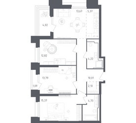 Планировка трехкомнатной(апартаменты) площадью 87.19 квадратных метров в ЖК “ЖК Скай Спутник”