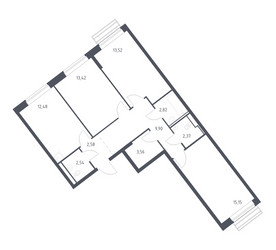 Планировка трехкомнатной(квартира) площадью 77.3 квадратных метров в ЖК “ЖК Рублевский Квартал”