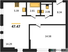 Планировка однокомнатной(квартира) площадью 47.47 квадратных метров в “ЖК Остафьево”