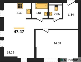 Планировка однокомнатной(квартира) площадью 47.47 квадратных метров в ЖК “ЖК Остафьево”
