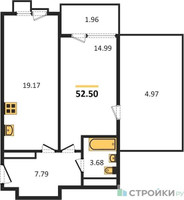 Планировка однокомнатной(апартаменты) площадью 52.5 квадратных метров в “ЖК Равновесие”