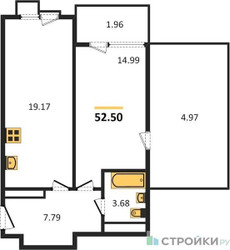 Планировка однокомнатной(апартаменты) площадью 52.5 квадратных метров в ЖК “ЖК Равновесие”