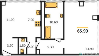 Планировка однокомнатной(квартира) площадью 65.9 квадратных метров в “Роскошный квартал Life Time”