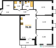 Планировка трехкомнатной(квартира) площадью 78.2 квадратных метров в “ЖК Деснаречье”