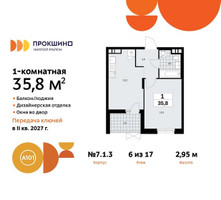 Планировка однокомнатной(квартира) площадью 35.8 квадратных метров в “ЖК Прокшино”